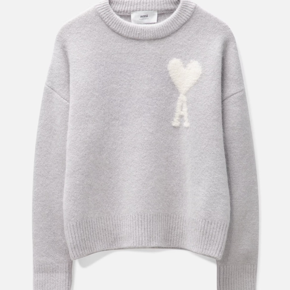 Ami Men’s Ivory Gray Sweater with Heart Detail